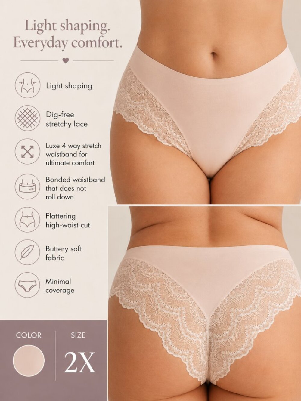 Pinsy Lace Shaping Hipster Panty 2X NWT Light Control